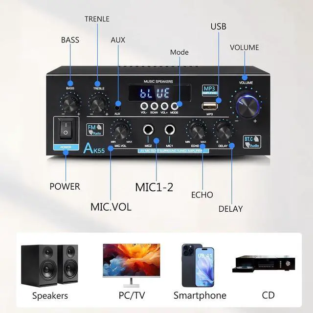 Alt view image 3 of 7 - AK55 Stereo Amplifier Home Audio, Bluetooth 5.0 Max 450W Power Stereo Receivers 2.0 Channel Audio Amplifier for Speaker W/Remote Control/AUX/RCA/Echo/USB/2 MIC in for Home Party, Karaoke