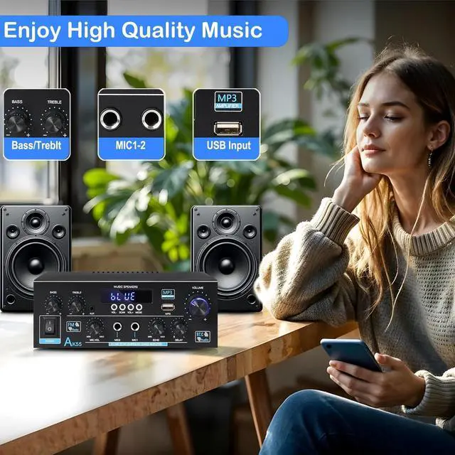 Alt view image 5 of 7 - AK55 Stereo Amplifier Home Audio, Bluetooth 5.0 Max 450W Power Stereo Receivers 2.0 Channel Audio Amplifier for Speaker W/Remote Control/AUX/RCA/Echo/USB/2 MIC in for Home Party, Karaoke