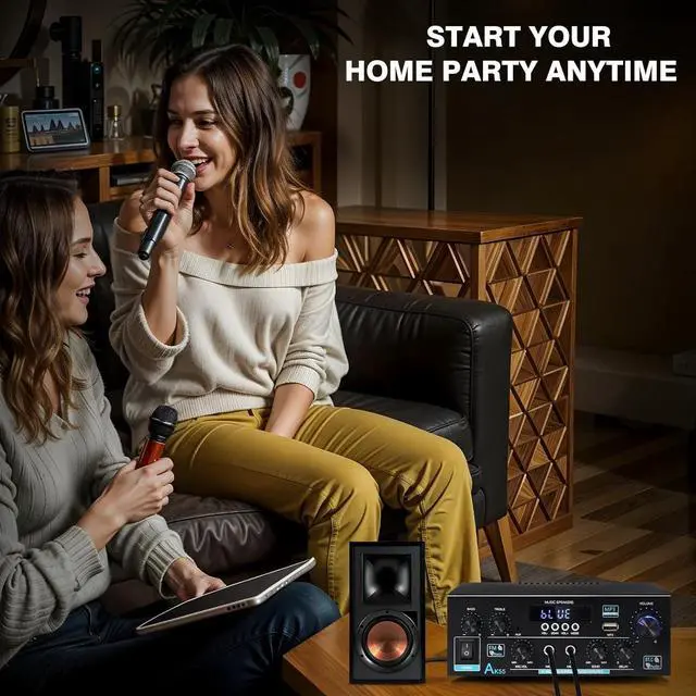 Alt view image 6 of 7 - AK55 Stereo Amplifier Home Audio, Bluetooth 5.0 Max 450W Power Stereo Receivers 2.0 Channel Audio Amplifier for Speaker W/Remote Control/AUX/RCA/Echo/USB/2 MIC in for Home Party, Karaoke