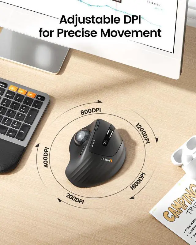 Alt view image 5 of 7 - Wireless Trackball Mouse EM01 NL Ergonomic Bluetooth Rollerball Thumb Rechargeable Computer Laptop Mouse Adjustable Angle & 3 Device Connection for PC Mac Windows-Gray Ball