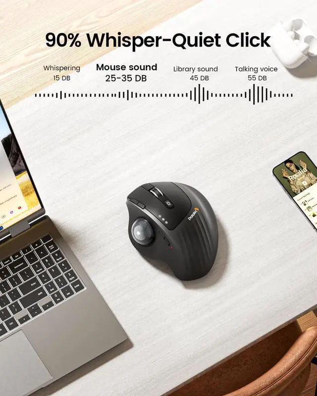 Alt view image 7 of 7 - Wireless Trackball Mouse EM01 NL Ergonomic Bluetooth Rollerball Thumb Rechargeable Computer Laptop Mouse Adjustable Angle & 3 Device Connection for PC Mac Windows-Gray Ball