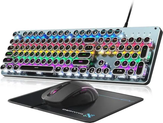 Main image of Typewriter Style Mechanical Gaming Keyboard Blue Switch, Rainbow LED Backlit Wired Computer Keyboards Mouse and Pad Combo, Metal Panel Retro Punk Round Keycaps, 104 Keys Anti-Ghost for PC Laptop Gamer