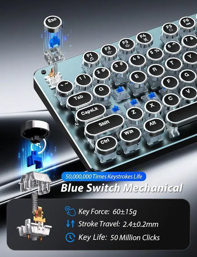 Alt view image 3 of 7 - Mechanical Gaming Keyboard and Mouse, Metal Panel Retro Keyboard with Round Keycap Blue Switch, RGB Backlit 104 Keys Anti-Ghost Wired Keyboard Mouse and Pad Combo for PC Laptop Mac Gamer