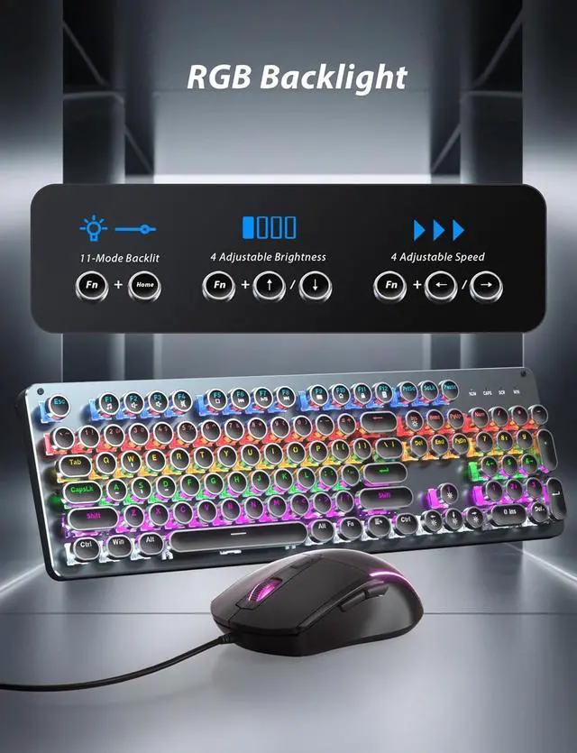 Alt view image 5 of 7 - Mechanical Gaming Keyboard and Mouse, Metal Panel Retro Keyboard with Round Keycap Blue Switch, RGB Backlit 104 Keys Anti-Ghost Wired Keyboard Mouse and Pad Combo for PC Laptop Mac Gamer