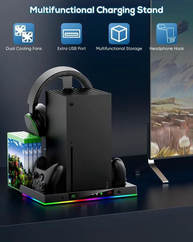 Alt view image 5 of 7 - Upgrade Cooling Fan&Dual Charging Stand for Xbox Series X Console&Controller,Cooler Charger Station System for XSX with 15 RGB Light, 2x1400mAh Rechargeable Battery,Disc Accessories Storage (Black)