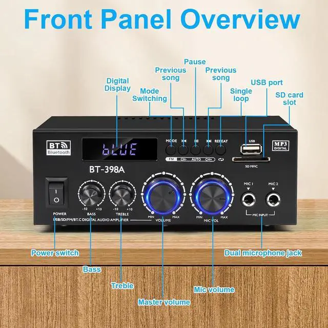 Alt view image 2 of 7 - Stereo Audio Amplifier, 2 Channel 450W x2 Bluetooth 5.0 Home Theater Power Amplifier with FM Radio, USB, SD, Optical & Coaxial Inputs, Amplifier for Passive Speakers and Active subwoofer