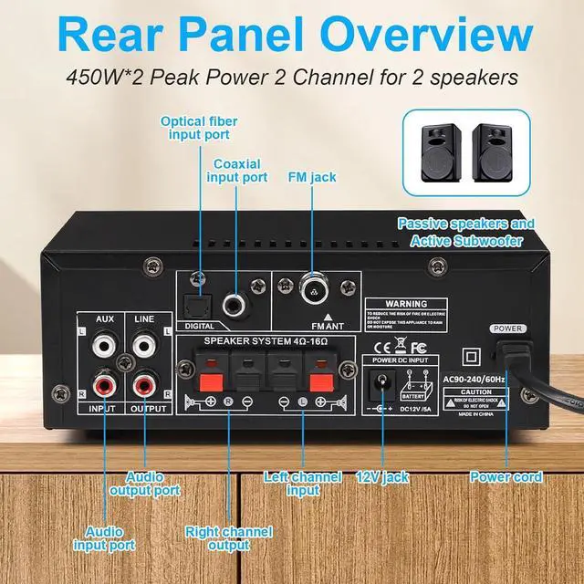 Alt view image 3 of 7 - Stereo Audio Amplifier, 2 Channel 450W x2 Bluetooth 5.0 Home Theater Power Amplifier with FM Radio, USB, SD, Optical & Coaxial Inputs, Amplifier for Passive Speakers and Active subwoofer