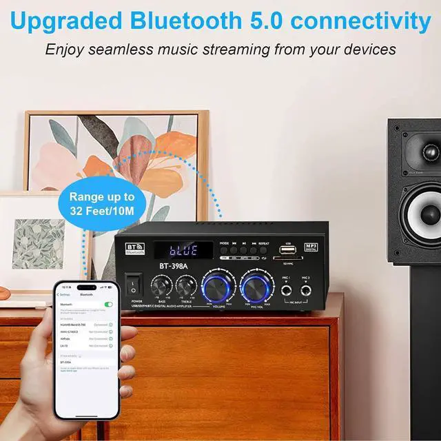 Alt view image 4 of 7 - Stereo Audio Amplifier, 2 Channel 450W x2 Bluetooth 5.0 Home Theater Power Amplifier with FM Radio, USB, SD, Optical & Coaxial Inputs, Amplifier for Passive Speakers and Active subwoofer