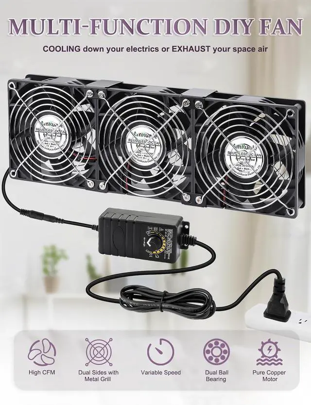 Alt view image 5 of 7 - 3 x 120mm 360mm Server Rack Fan Variable Speed Control 110V - 240v Ball Bearing Window Fan Cooling for Electronics Cabinet CPU PC Case Crawl Space Server Rack