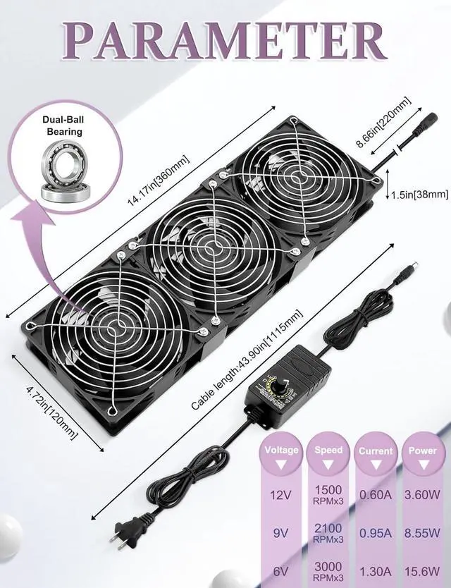 Alt view image 6 of 7 - 3 x 120mm 360mm Server Rack Fan Variable Speed Control 110V - 240v Ball Bearing Window Fan Cooling for Electronics Cabinet CPU PC Case Crawl Space Server Rack