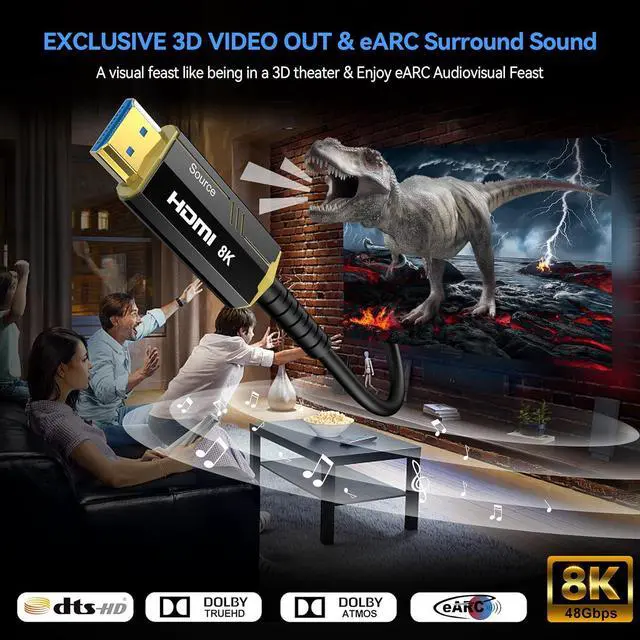 Alt view image 2 of 7 - 8K Fiber Optic HDMI Cables 30Ft, 48Gbps Ultra High Speed HDMI 2.1 Cable, 8K@60Hz 4K@120Hz, Compatible for PlayStation 5 PC HDTV, Male-to-Male Gold Plated Connector