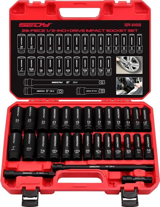 Main image of 29-Piece 1/2" Drive Impact Socket Set, SAE (3/8 to 1 inch) and Metric (10-24mm) Sizes with Extension Bars Standard Deep Socket Set CR-V Material High Durability Impact Wrench