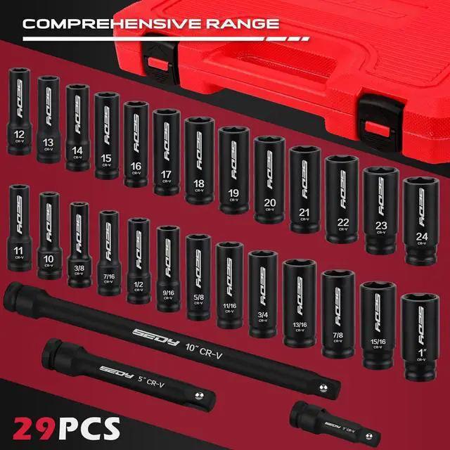 Alt view image 3 of 7 - 29-Piece 1/2" Drive Impact Socket Set, SAE (3/8 to 1 inch) and Metric (10-24mm) Sizes with Extension Bars Standard Deep Socket Set CR-V Material High Durability Impact Wrench