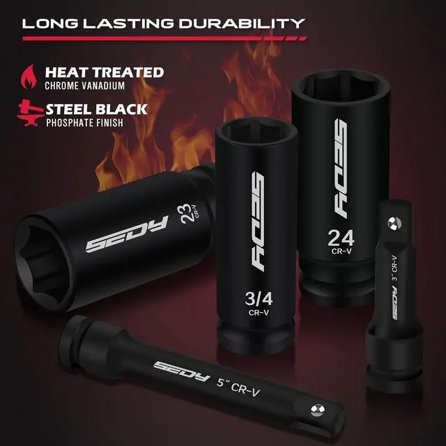 Alt view image 5 of 7 - 29-Piece 1/2" Drive Impact Socket Set, SAE (3/8 to 1 inch) and Metric (10-24mm) Sizes with Extension Bars Standard Deep Socket Set CR-V Material High Durability Impact Wrench