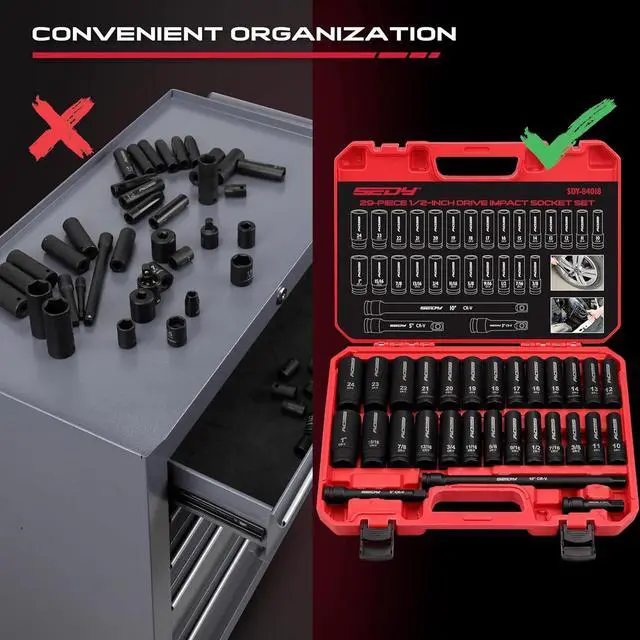 Alt view image 7 of 7 - 29-Piece 1/2" Drive Impact Socket Set, SAE (3/8 to 1 inch) and Metric (10-24mm) Sizes with Extension Bars Standard Deep Socket Set CR-V Material High Durability Impact Wrench