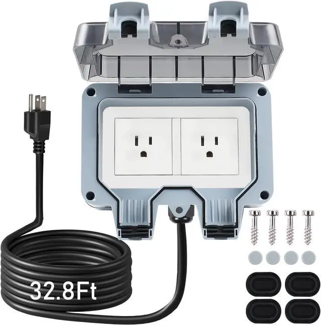 Main image of Outdoor Power Outlet Box with 32.8Ft Extension Cord, NEMA 5-15R, STW 14 AWG, Weatherproof Waterproof IP66 Electrical Outlet Extender, Exterior Wall Power Socket w/Cover for Garden