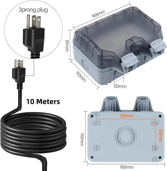 Alt view image 2 of 7 - Outdoor Power Outlet Box with 32.8Ft Extension Cord, NEMA 5-15R, STW 14 AWG, Weatherproof Waterproof IP66 Electrical Outlet Extender, Exterior Wall Power Socket w/Cover for Garden