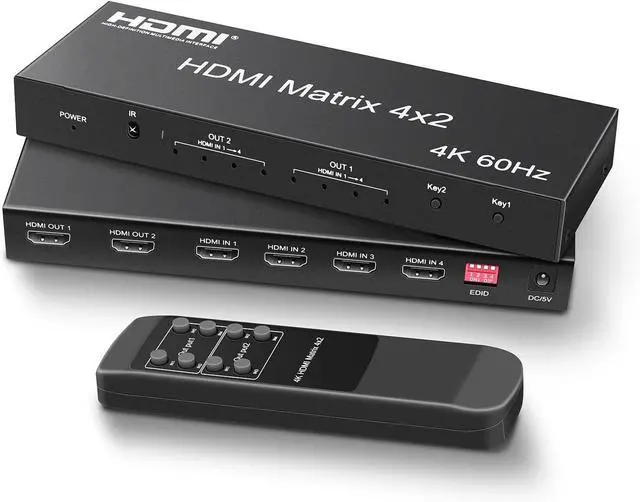 Main image of 4x2 HDMI Matrix, 4K@60Hz 4 in 2 Out HDMI Switch Splitter with IR Remote, HDMI Matrix Switch + Optical + 3.5mm Audio Output, Support HDMI2.0, HDCP2.2, Auto Downscaler, 3D, Audio Extractor