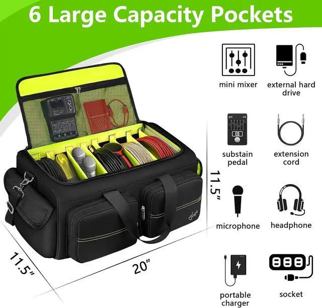 Alt view image 3 of 7 - DJ Bag, Large Capacity DJ Cable Bag with 6 Pockets for Extension Cords, Mics, Pedals, Cable Organizer for Musicians, Musician Gig Bag with Padded Shoulder Strap, Audio Mixer Case