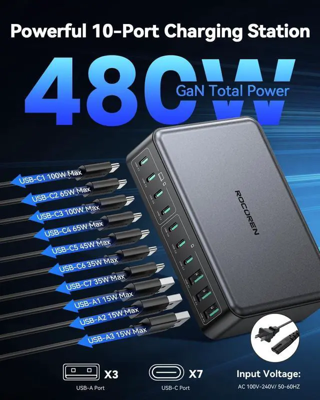 Alt view image 2 of 7 - 480W USB C Charger Block, Rocoren 10-Ports USB C Charging Station for Multiple Devices,PD 100W Type c Gan Fast Charger Station Multi USBC Charging Hub for Laptop MacBookiPad iPhone