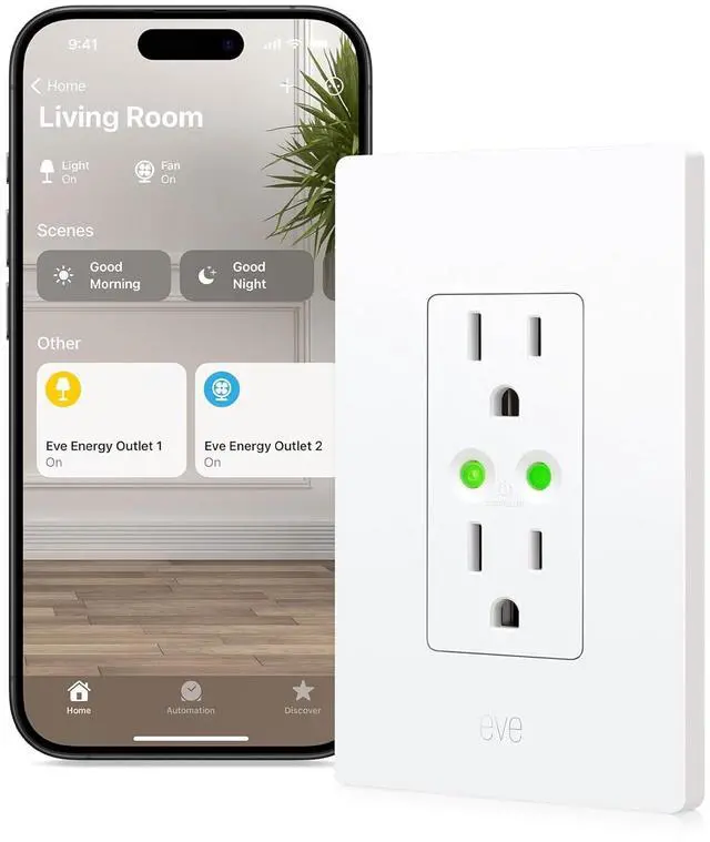 Main image of Eve Energy Outlet (Matter)  Smart Outlet & Power Meter, App & Voice Control, No Bridge, Thread, Works with Apple Home, Alexa, Google Home, SmartThings, 100% Privacy, Requires Thread Border Router