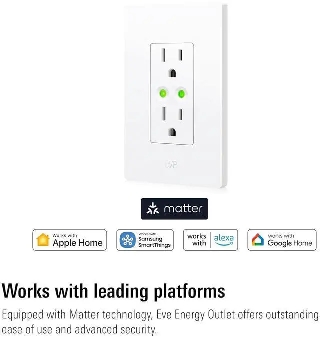 Alt view image 2 of 7 - Eve Energy Outlet (Matter)  Smart Outlet & Power Meter, App & Voice Control, No Bridge, Thread, Works with Apple Home, Alexa, Google Home, SmartThings, 100% Privacy, Requires Thread Border Router