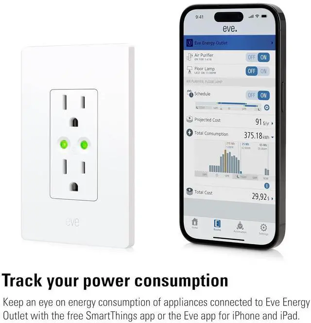 Alt view image 6 of 7 - Eve Energy Outlet (Matter)  Smart Outlet & Power Meter, App & Voice Control, No Bridge, Thread, Works with Apple Home, Alexa, Google Home, SmartThings, 100% Privacy, Requires Thread Border Router