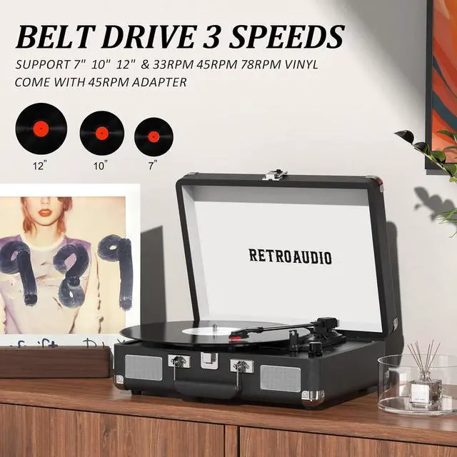 Alt view image 4 of 7 - Record Player 3-Speed Bluetooth Portable Suitcase Belt-Driven Record Player with 2 Built-in Stereo Speakers Vinyl Vintage Turntable Phonograph Records Player with RCA Line Out, AUX Out (Black)