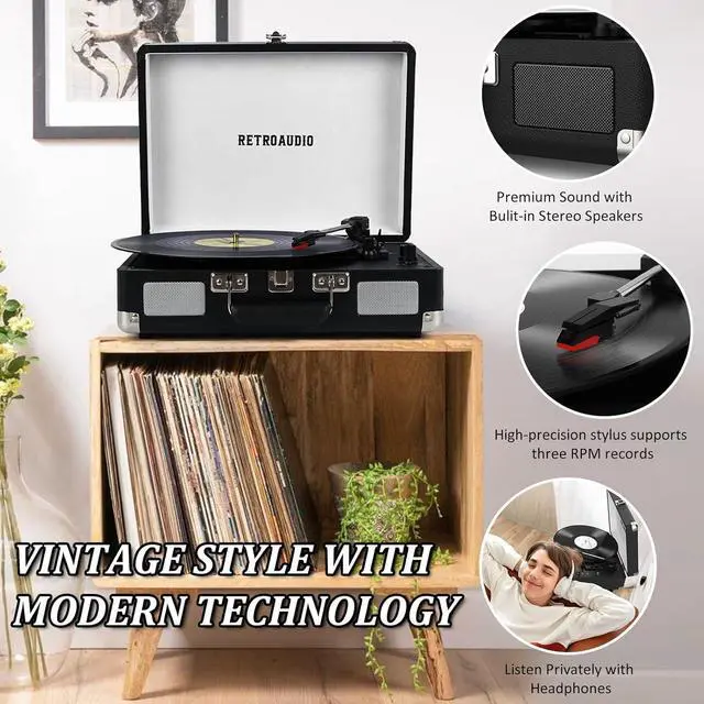 Alt view image 5 of 7 - Record Player 3-Speed Bluetooth Portable Suitcase Belt-Driven Record Player with 2 Built-in Stereo Speakers Vinyl Vintage Turntable Phonograph Records Player with RCA Line Out, AUX Out (Black)