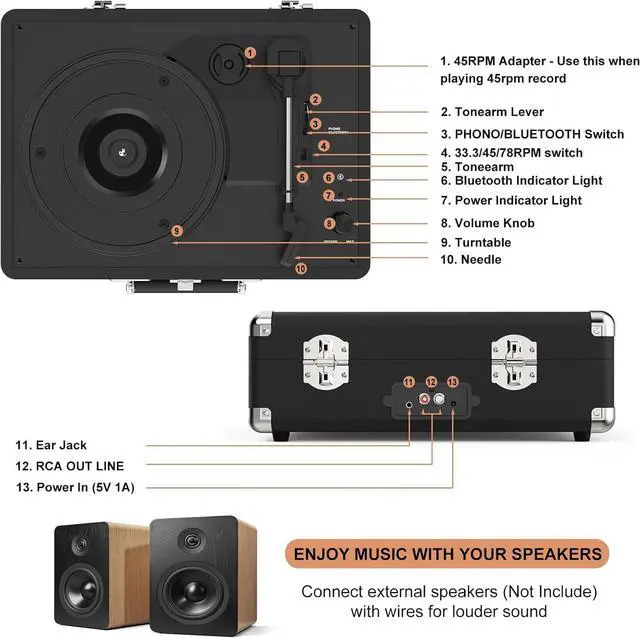 Alt view image 7 of 7 - Record Player 3-Speed Bluetooth Portable Suitcase Belt-Driven Record Player with 2 Built-in Stereo Speakers Vinyl Vintage Turntable Phonograph Records Player with RCA Line Out, AUX Out (Black)