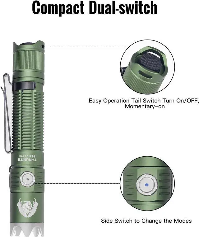 Alt view image 4 of 7 - BSS V6 Pro Tactical Flashlight, USB-C Rechargeable LED Flashlight, High 1705 Lumens, 6 Light Modes, Dual Switches Bright Flashlights, Dark Green - CW