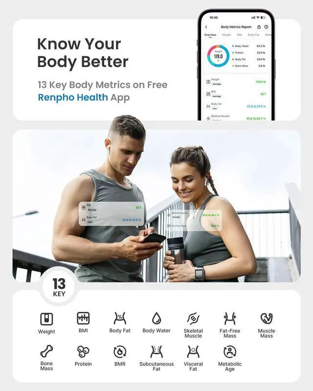 Alt view image 4 of 7 - RENPHO Scale for Body Weight, Smart Scale with BMI, Body Fat, Muscle Mass, Bluetooth, FSA HSA Store Eligible, 13 Metrics with Large VA Display, Support App Connection, Black, Elis 2X