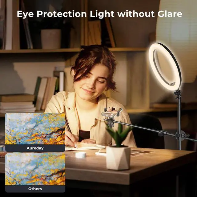 Alt view image 2 of 7 - 12 Selfie Ring Light with Stand and Phone Holder Overhead Ringlight Tripod for iPhone Photography-LED Circle Lighting with Mic Mount&Remote for Video Recording/Live Streaming/Singing/Cooking