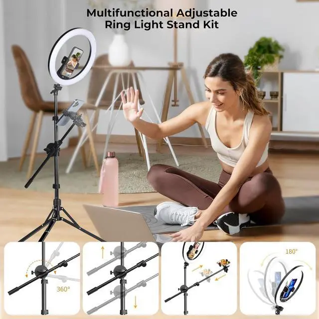 Alt view image 6 of 7 - 12 Selfie Ring Light with Stand and Phone Holder Overhead Ringlight Tripod for iPhone Photography-LED Circle Lighting with Mic Mount&Remote for Video Recording/Live Streaming/Singing/Cooking