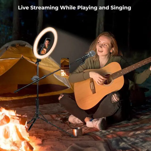 Alt view image 7 of 7 - 12 Selfie Ring Light with Stand and Phone Holder Overhead Ringlight Tripod for iPhone Photography-LED Circle Lighting with Mic Mount&Remote for Video Recording/Live Streaming/Singing/Cooking