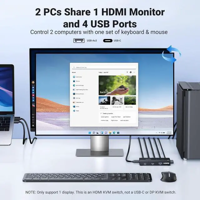 Alt view image 2 of 7 - HDMI KVM Switch 1 Monitor 2 Computers with 4 USB 3.0 Ports 4K@60Hz KVM Switches for 2 Computers Share Monitor Keyboard Mouse Printer with 2 HDMI Cables, 2 USB Cables, Power Adapter, Controller