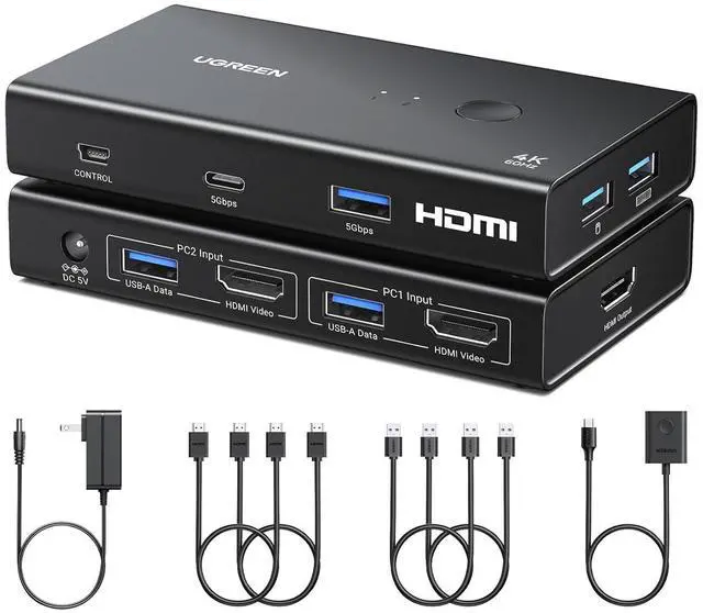 Main image of HDMI KVM Switch 1 Monitor 2 Computers with 4 USB 3.0 Ports 4K@60Hz KVM Switches for 2 Computers Share Monitor Keyboard Mouse Printer with 2 HDMI Cables, 2 USB Cables, Power Adapter, Controller