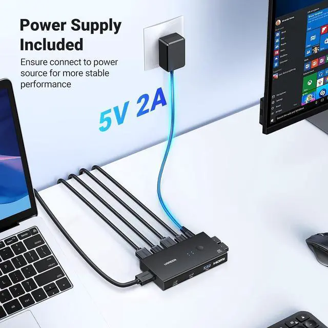 Alt view image 6 of 7 - HDMI KVM Switch 1 Monitor 2 Computers with 4 USB 3.0 Ports 4K@60Hz KVM Switches for 2 Computers Share Monitor Keyboard Mouse Printer with 2 HDMI Cables, 2 USB Cables, Power Adapter, Controller