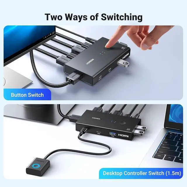 Alt view image 7 of 7 - HDMI KVM Switch 1 Monitor 2 Computers with 4 USB 3.0 Ports 4K@60Hz KVM Switches for 2 Computers Share Monitor Keyboard Mouse Printer with 2 HDMI Cables, 2 USB Cables, Power Adapter, Controller