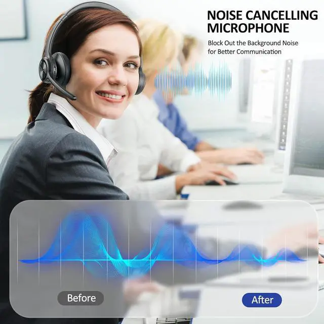 Alt view image 5 of 6 - Bluetooth Headset V5.2 with Adapter, Wireless Headphones with Noise Cancelling Microphone, On Ear Wireless Headset for Cell Phones Laptop Computer