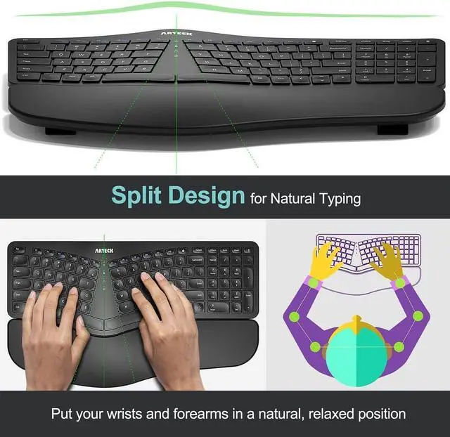 Alt view image 2 of 7 - Split Ergonomic Keyboard with Cushioned Wrist and Palm Rest, 2.4G USB Wireless Comfortable Natural Ergonomic Split Keyboard, for Windows Computer Desktop Laptop