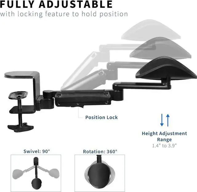 Alt view image 3 of 7 - 2 Pack Clamp-on Adjustable Armrests, Universal Desk Cradle 360° Rotating Elbow Platform, Arm Support Steel Base Table Extension, Black, MOUNT-ARM02P