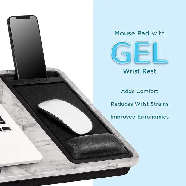 Alt view image 4 of 5 - Extra Large Adjustable Lap Desk with Gel Wrist Rest, Mouse Pad, Phone Holder, Device Ledge, and Booster Cushion - White Marble - Fits up to 17.3 Inch Laptops - Style No. 88101