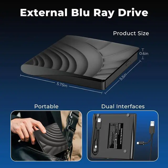 Alt view image 3 of 7 - External Blu Ray Drive, Portable Bluray Drives CD DVD BD Reader, USB 3.0 Type-C Slim Optical CD/DVD Blu Ray Burner for MacBook Laptop Desktop PC Compatible with Mac OS Windows XP/7/8/10/11