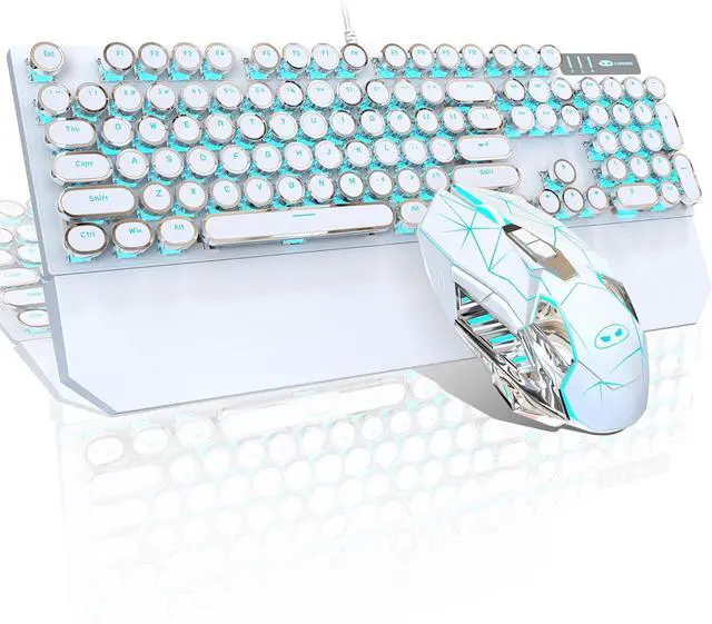 Main image of Mechanical Gaming Keyboard and Mouse Combo, Retro Punk Round Keycaps RGB Rainbow Backlit Wired Keyboard for Game and Office, for Windows Laptop PC, Red Switches(White)