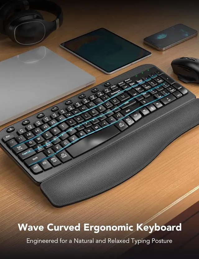 Alt view image 3 of 7 - SABLUTE Wireless Keyboard and Mouse Combo and Wireless Trackball Mouse, Ergonomic Wave Keys, Cushioned Plam Rest, Ergonomic Bluetooth Rechargeable Computer Mice, Cordless Set for Windows Mac