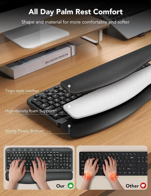 Alt view image 4 of 7 - SABLUTE Wireless Keyboard and Mouse Combo and Wireless Trackball Mouse, Ergonomic Wave Keys, Cushioned Plam Rest, Ergonomic Bluetooth Rechargeable Computer Mice, Cordless Set for Windows Mac
