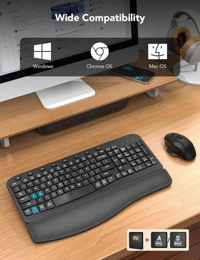 Alt view image 6 of 7 - Wireless Keyboard and Mouse Combo  Ergonomic Wave Key, Built-in Leather Soft Palm Rest, 2.4G Full Size, 8 Hotkeys, 6-Button Mouse with 4-Level DPI, Dual USB-A/USB-C, Windows & macOS Compatible