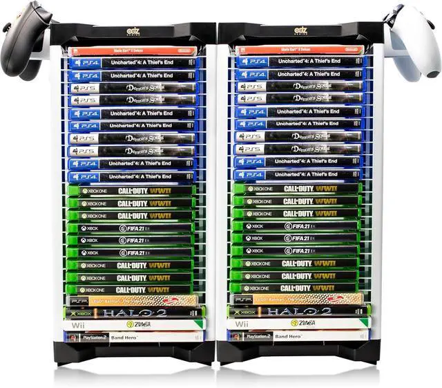 Alt view image 2 of 7 - Universal Game Holder  46 Game Storage Tower Rack for PS2 PS3 PS4 PS5 PSP Xbox 360 Xbox One Series X Wii Switch Games DVD and Blu-Ray Disks. Includes 2 Controller Mounts