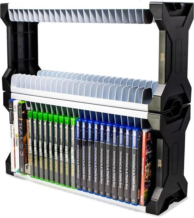 Main image of Universal Game Holder  46 Game Storage Tower Rack for PS2 PS3 PS4 PS5 PSP Xbox 360 Xbox One Series X Wii Switch Games DVD and Blu-Ray Disks. Includes 2 Controller Mounts